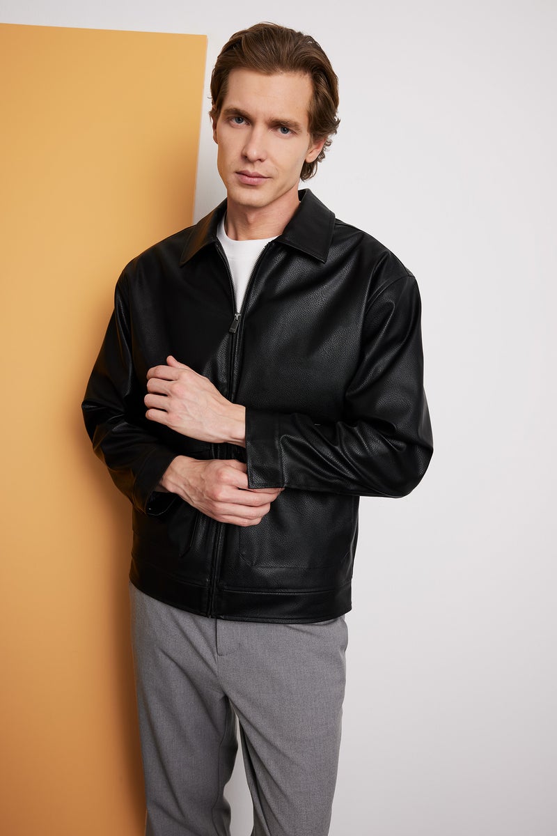 DeFacto Black Man Slim Fit Lined Zippered Faux Leather Jacket Casual - Image 3